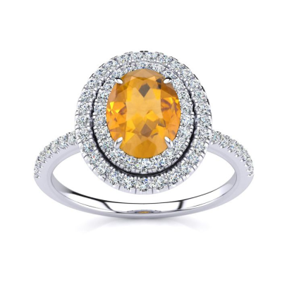 1 1/2 Carat Oval Shape Citrine and Double Halo Diamond Ring In 14 Karat White Gold