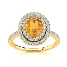 1 1/2 Carat Oval Shape Citrine and Double Halo Diamond Ring In 14 Karat Yellow Gold