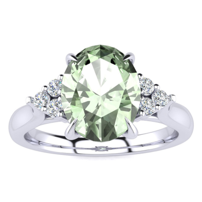 1 1/2 Carat Oval Shape Green Amethyst and Diamond Ring In 14K White Gold