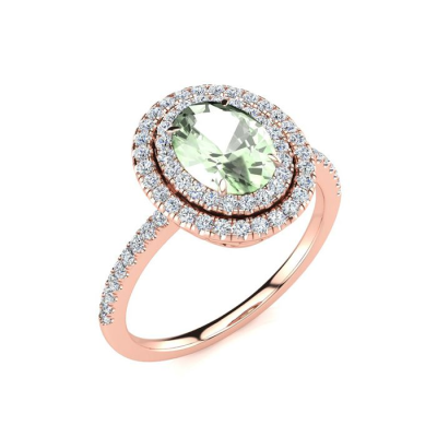 1 1/2 Carat Oval Shape Green Amethyst and Double Halo Diamond Ring In 14 Karat Rose Gold