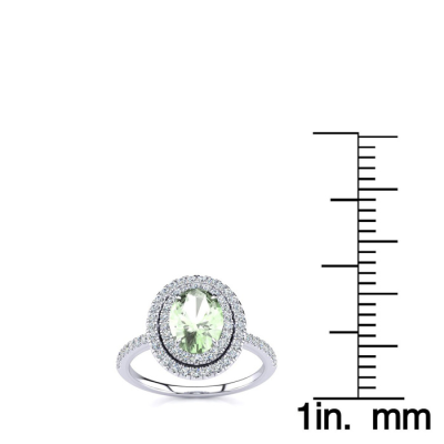 1 1/2 Carat Oval Shape Green Amethyst and Double Halo Diamond Ring In 14 Karat White Gold