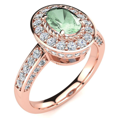 1 1/2 Carat Oval Shape Green Amethyst and Halo Diamond Ring In 14 Karat Rose Gold
