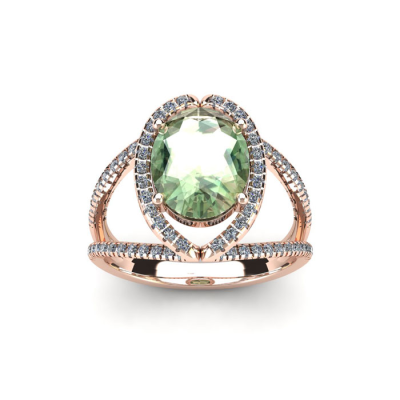 1 1/2 Carat Oval Shape Green Amethyst and Halo Diamond Ring In 14 Karat Rose Gold
