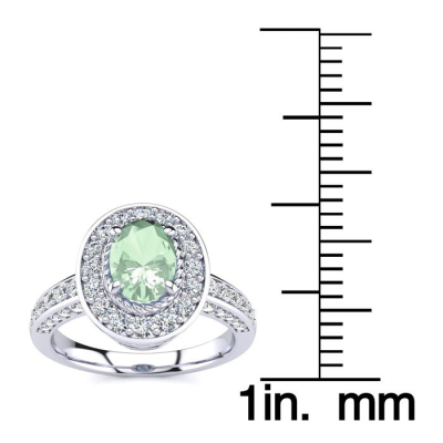 1 1/2 Carat Oval Shape Green Amethyst and Halo Diamond Ring In 14 Karat White Gold