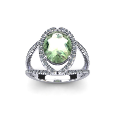 1 1/2 Carat Oval Shape Green Amethyst and Halo Diamond Ring In 14 Karat White Gold