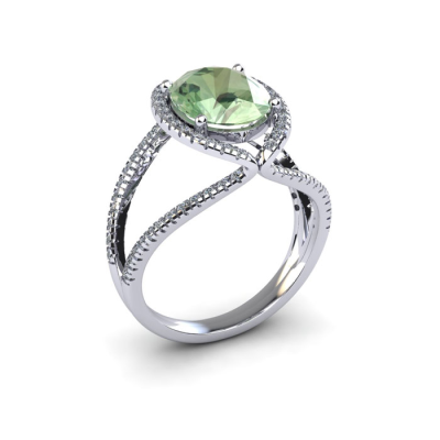 1 1/2 Carat Oval Shape Green Amethyst and Halo Diamond Ring In 14 Karat White Gold
