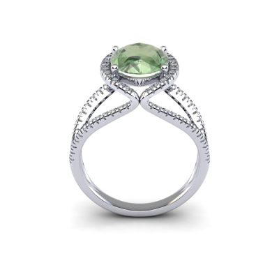 1 1/2 Carat Oval Shape Green Amethyst and Halo Diamond Ring In 14 Karat White Gold
