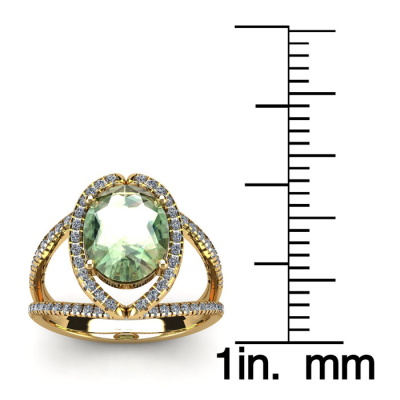1 1/2 Carat Oval Shape Green Amethyst and Halo Diamond Ring In 14 Karat Yellow Gold
