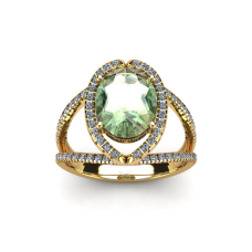 1 1/2 Carat Oval Shape Green Amethyst and Halo Diamond Ring In 14 Karat Yellow Gold