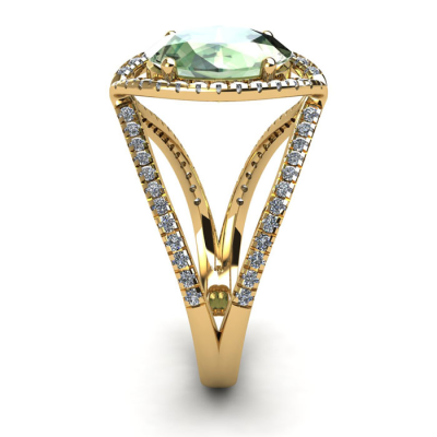 1 1/2 Carat Oval Shape Green Amethyst and Halo Diamond Ring In 14 Karat Yellow Gold
