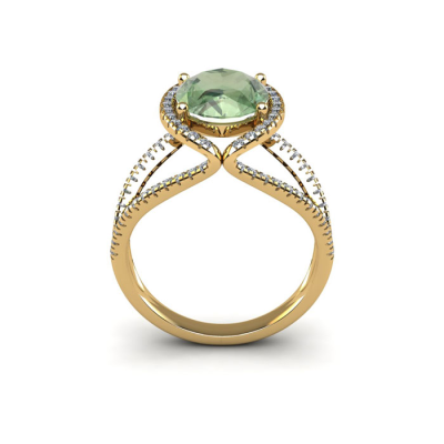 1 1/2 Carat Oval Shape Green Amethyst and Halo Diamond Ring In 14 Karat Yellow Gold

