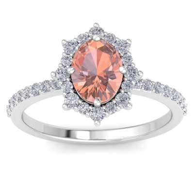 1 1/2 Carat Oval Shape Morganite and Diamond Ring In 14K White Gold