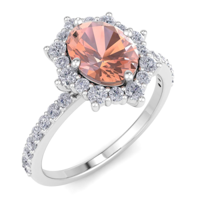 1 1/2 Carat Oval Shape Morganite and Diamond Ring In 14K White Gold