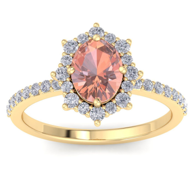 1 1/2 Carat Oval Shape Morganite and Diamond Ring In 14K Yellow Gold