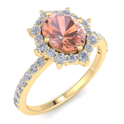 1 1/2 Carat Oval Shape Morganite and Diamond Ring In 14K Yellow Gold