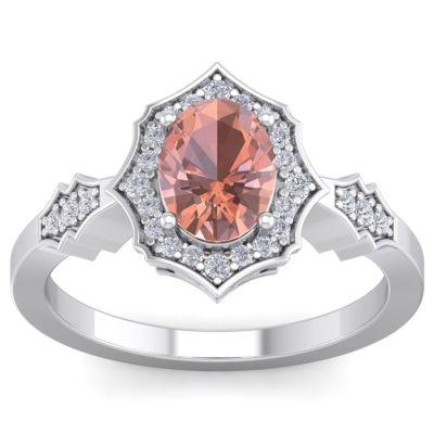 1 1/2 Carat Oval Shape Morganite and Diamond Ring In 14 Karat White Gold