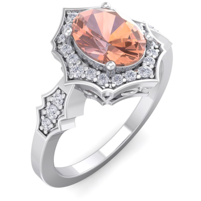 1 1/2 Carat Oval Shape Morganite and Diamond Ring In 14 Karat White Gold