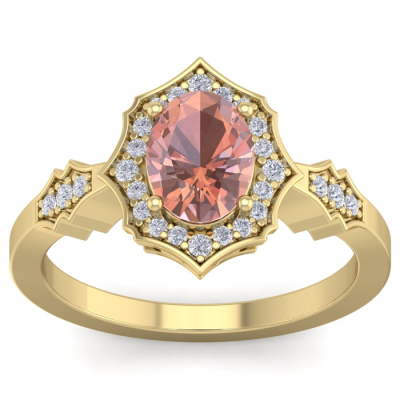 1 1/2 Carat Oval Shape Morganite and Diamond Ring In 14 Karat Yellow Gold