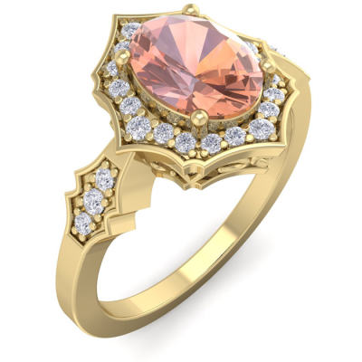 1 1/2 Carat Oval Shape Morganite and Diamond Ring In 14 Karat Yellow Gold