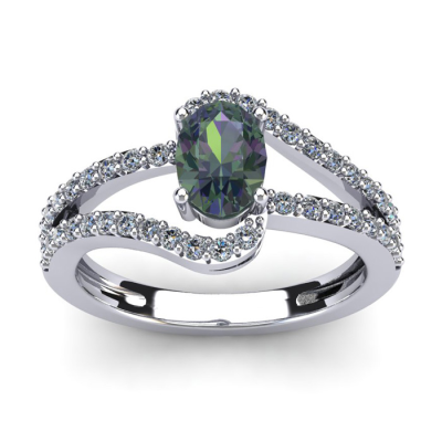 1 1/2 Carat Oval Shape Mystic Topaz and Fancy Diamond Ring In 14 Karat White Gold