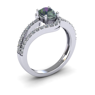 1 1/2 Carat Oval Shape Mystic Topaz and Fancy Diamond Ring In 14 Karat White Gold