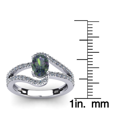 1 1/2 Carat Oval Shape Mystic Topaz and Fancy Diamond Ring In 14 Karat White Gold