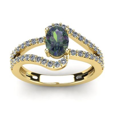 1 1/2 Carat Oval Shape Mystic Topaz and Fancy Diamond Ring In 14 Karat Yellow Gold