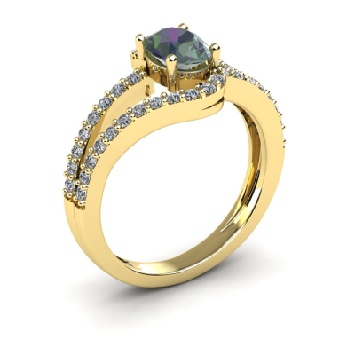 1 1/2 Carat Oval Shape Mystic Topaz and Fancy Diamond Ring In 14 Karat Yellow Gold