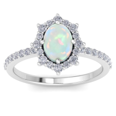 1 1/2 Carat Oval Shape Opal and Diamond Ring In 14K White Gold