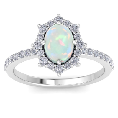 1 1/2 Carat Oval Shape Opal and Diamond Ring In 14K White Gold