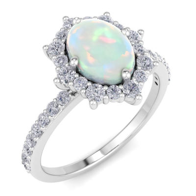 1 1/2 Carat Oval Shape Opal and Diamond Ring In 14K White Gold