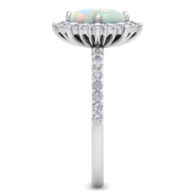 1 1/2 Carat Oval Shape Opal and Diamond Ring In 14K White Gold