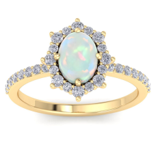 1 1/2 Carat Oval Shape Opal and Diamond Ring In 14K Yellow Gold