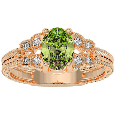 1 1/2 Carat Oval Shape Peridot and Diamond Ring In 10 Karat Rose Gold