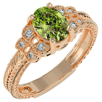1 1/2 Carat Oval Shape Peridot and Diamond Ring In 10 Karat Rose Gold
