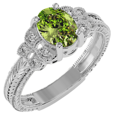 1 1/2 Carat Oval Shape Peridot and Diamond Ring In 10 Karat White Gold