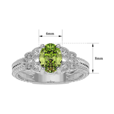 1 1/2 Carat Oval Shape Peridot and Diamond Ring In 10 Karat White Gold