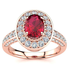 1 1/2 Carat Oval Shape Ruby and Halo Diamond Ring In 14 Karat Rose Gold