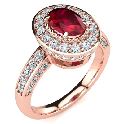 1 1/2 Carat Oval Shape Ruby and Halo Diamond Ring In 14 Karat Rose Gold