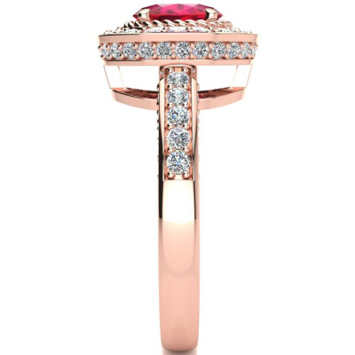 1 1/2 Carat Oval Shape Ruby and Halo Diamond Ring In 14 Karat Rose Gold