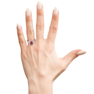 1 1/2 Carat Oval Shape Ruby and Halo Diamond Ring In 14 Karat Rose Gold