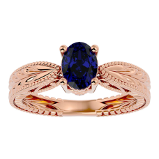 1 1/2 Carat Oval Shape Sapphire Ring With Tapered Etched Band In 14 Karat Rose Gold