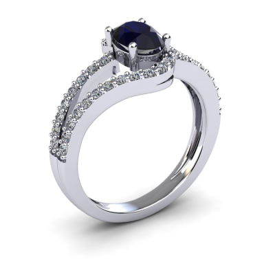 1 1/2 Carat Oval Shape Sapphire and Fancy Diamond Ring In 14 Karat White Gold
