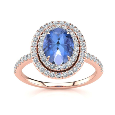 1 1/2 Carat Oval Shape Tanzanite and Double Halo Diamond Ring In 14 Karat Rose Gold