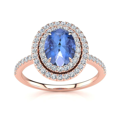 1 1/2 Carat Oval Shape Tanzanite and Double Halo Diamond Ring In 14 Karat Rose Gold