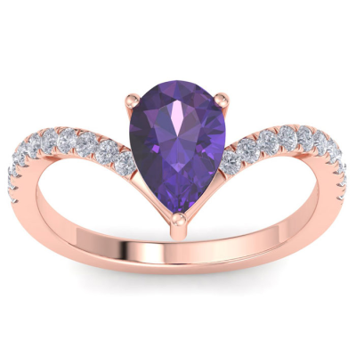 1 1/2 Carat Pear Shape Amethyst and Diamond Ring In 14K Rose Gold