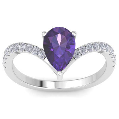 1 1/2 Carat Pear Shape Amethyst and Diamond Ring In 14K White Gold
