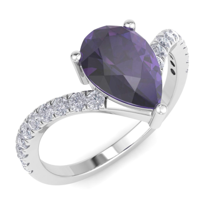1 1/2 Carat Pear Shape Amethyst and Diamond Ring In 14K White Gold