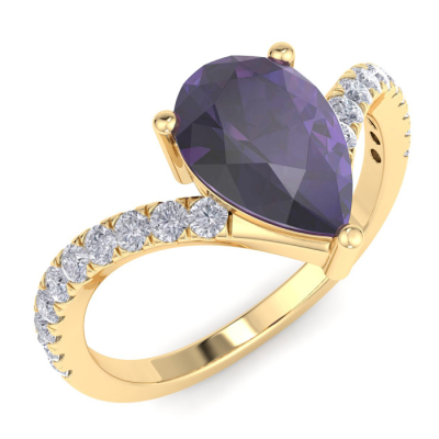 1 1/2 Carat Pear Shape Amethyst and Diamond Ring In 14K Yellow Gold