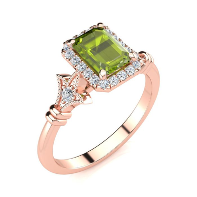 1 1/2 Carat Peridot and Halo Diamond Vintage Ring In 14 Karat Rose Gold